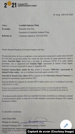 Corespondență între Asociația TM2023 și CJ Timiș