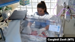 Egy ápoló felügyeli a négyes ikrek egyikét a Debreceni Egyetem Szülészeti és Nőgyógyászati Klinikáján 2019. október 28-án (képünk illusztráció)