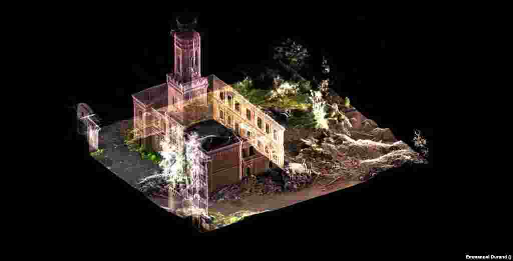 O vedere de sus a machetei digitale 3D a stației de pompieri istorice din Harkov. Poate fi rotită, mărită și examinată în detaliu milimetric.