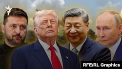 A collage with Ukrainian President Volodymyr Zelenskyy, US President Donald Trump, Chinese leader Xi Jinping, and Russian President Vladimir Putin. 