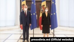 Ministrul afacerilor externe al României, Bogdan Aurescu, alături de președinta R. Moldova, Maia Sandu, 23 iulie, 2021