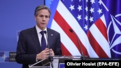 Antony Blinken amerikai külügyminiszter a NATO-külügyminiszterek brüsszeli találkozóján, 2021. március 24-én.