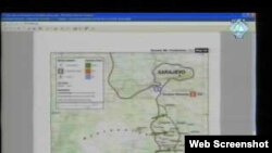 Screenshot pokazuje kartu kao dokaz na suđenju Radovanu Karadžiću, bivšem vođi bosanskih Srba, optuženom za ratne zločine tijekom rata u Bosni i Hercegovini, 15. veljače 2011.