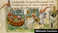 Київський князь Олег веде військо на Царгород, мініатюра з Радзивіллівського літопису, ХV століття