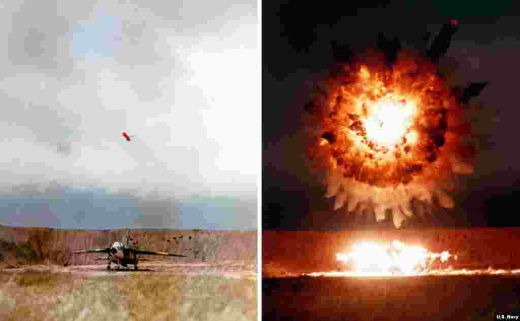 На комбінованих фото видно, як «Томагавк» вибухає над літаком під час випробувань у 1986 році.Ракета довжиною 5,5 метрів оснащена боєголовкою вагою майже пів тонни і може пролетіти близько 1600 кілометрів