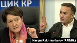 Председатель ЦИК Нуржан Шайлдабекова и кандидат в депутаты Бишкекского горкенеша от НДПК Илим Карыпбеков. 23 апреля 2021 года.