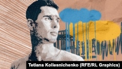 Богдан Зіза на тлі будівлі, облитої блакитною та жовтою фарбами. Колаж