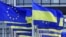 FRANCE – EU flags and Ukrainian flags flying near the European Parliament in Strasbourg, March 7, 2022