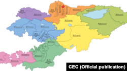 Кыргызстандагы бир мандаттуу 36 округдардын картасы. Борбордук шайлоо комиссиясы чийген схема.