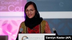 Zarifa Ghafari speaks during the 2020 International Women of Courage Awards ceremony at the State Department in Washington on March 4.