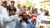 FILE: Pakistani journalists protest during the World Press Freedom Day in Hyderabad on May 3.