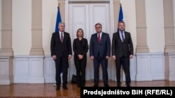 Federica Mogherini sa članovima Predsjedništva BiH Draganom Čovićem, Mladenom Ivanićem i Bakirom Izetbegovićem, Sarajevo