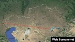 Ресейдің Астрахань облысындағы Капустин Яр полигонынан атылған зымыранның Қазақстандағы Сарышаған әскери полигонына дейінгі "маршруты". (Көрнекі сурет)