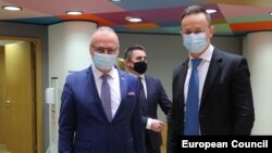 Szijjártó Péter magyar külügyminiszter horvát kollégájával, Gordan Grlić-Radmannal az uniós külügyminiszterek megbeszélésén Brüsszelben, 2021. február 22-én. 