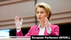 Ursula von der Leyen în Parlamentul European, Bruxelles 26 martie 2020.