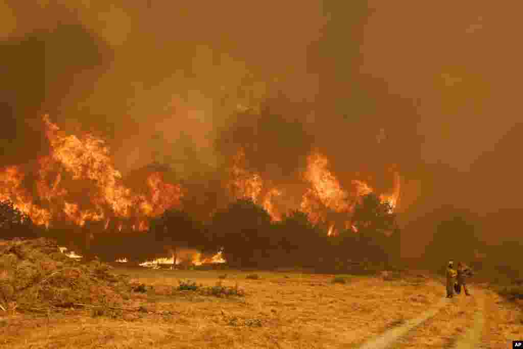 Пожарные стоят перед пламенем во время лесного пожара в Санта-Байя-де-Монтес, северо-западная Испания, 14 августа 2025 года. AP Photo/Lalo R. Villar