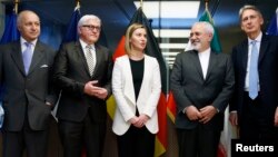 از راست: وزیر خارجه بریتانیا، ایران، فدریکا موگرینی، وزیر خارجه آلمان و فرانسه