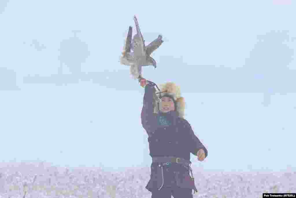 Сокол садится на руку юному охотнику. Во время соревнований в горах начался сильный туман, но это не мешало ловчим птицам выполнять задания турнира.