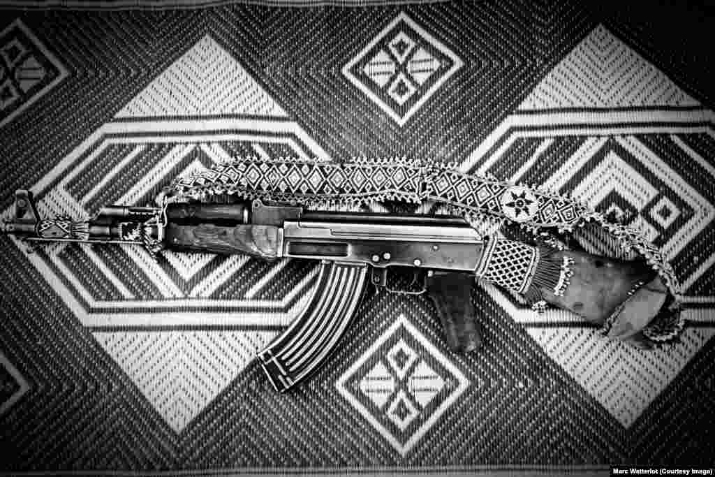 An AK 47 that has been personalized by its owner, a member of the Baloch Liberation Army.