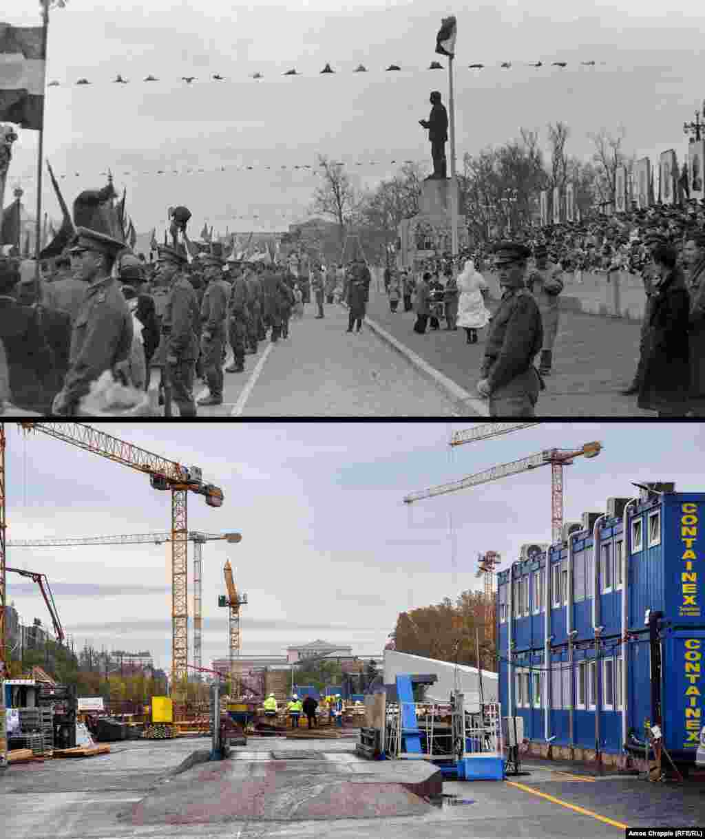 Budapesta, 1956 - 2019 &bdquo;Cadou de la poporul maghiar&rdquo; pentru Iosif Stalin. Așa au numit monumentul de 25 de metri înălțime, reprezentându-l pe dictatorul sovietic, funcționarii comuniști aflați la putere în anii `50. Fotografia dată (sus) a fost făcută cu numai cinci luni înainte ca scutura lui Stalin să fie decapitată și târâtă pe străzi. În 2006, pe același loc a fost înălțat un monument în memoria evenimentelor din 1956. În poza din 2019, memorialul este acoperit cu o prelată. Zona este acum supusă unei ample reamenajări, nelipsite de controverse. Foto: Fortepan/ Adomanyazo, 1956