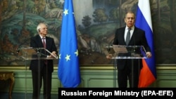 RUSSIA -- EU foreign policy chief Josep Borrell and Russian Foreign Minister Sergei Lavrov hold a joint press conference following their talks in Moscow, February 5, 2021