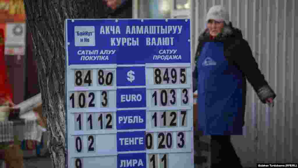2016-жылдан бери туруктуу бойдон 69 сомдун тегерегинде сакталып келген доллар 2020-жылдын март айында 85 сомго жетип, кийин арзандай баштаган. Июнда 73 сомго түшүп, ноябрда кайра 85ке чейин көтөрүлгөн. Учурда&nbsp;чет элдик валюта 84 сомдон сатылып жатат. (Оңдогу сүрөт 2017-жылы, солдогу сүрөт 2021-жылы март айында тартылган).&nbsp;