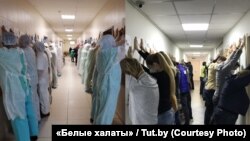 Флешмоб лікарів швидкої допомоги та журналістів Tut.by на знак солідарності із затриманими лікарем Артемом Сорокіним та журналісткою Кацяриною Барисевич, яких звинувачують у розголошенні лікарської таємниці
