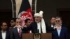 Afghan President Ashraf Ghani making a speech speaks to hundreds of after a few rockets were fired during his speech after he was sworn in at an inauguration ceremony at the presidential palace in Kabul, March 9, 2020