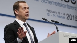 Russian Prime Minister Dmitry Medvedev speaks at the 52nd Security Conference in Munich on February 13.