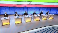 All six approved candidates in Iran's presidential election onstage in Tehran on May 5 for the second of the three live debates. The election is set for May 19.