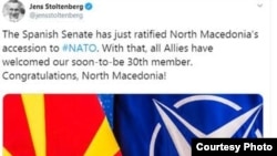 სტოლტენბერგის ტვიტი ჩრდილოეთიმ მაკედონიის ალიანსში გაწევრიანების თაობაზე