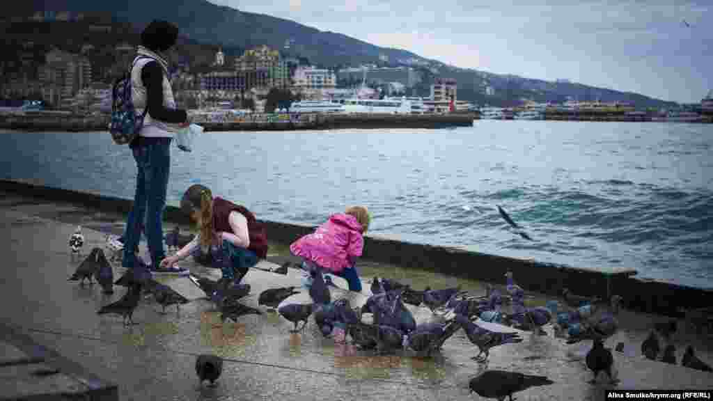 Дети кормят голубей на набережной Ялты, 17 ноября 2016 года