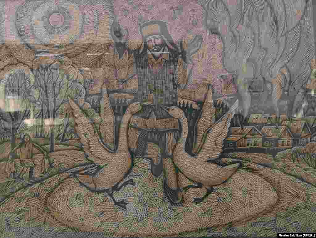 Ф.С. Шаймухаметовдун &quot;Каздардын бийи&quot; аттуу эмгеги түстүү линогравюра, 2008-жыл.&nbsp;