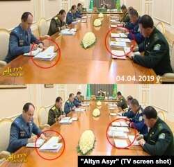 Кадры с заседаний Совета госбезопасности Туркменистана, 4 апреля (наверху) и 7 августа (внизу)