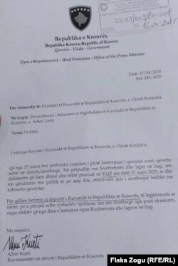 Pismo ostavke Albina Kurtija, upućeno predsedniku prethodnog saziva Skupštine, Glauku Konjufci.