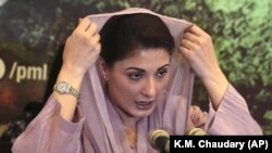 Maryam Nawaz, leader of Pakistan Muslim League and daughter of jailed former Prime Minister Nawaz Sharif, addresses a news conference in Lahore on July 24.