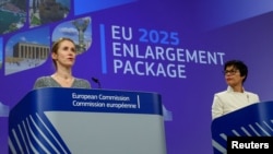 European Commission Vice President Kaja Kallas and European Commissioner for Enlargement Marta Kos present the EU's annual enlargement package in Brussels on November 4.