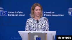 Чільна дипломатка ЄС Кая Каллас на пресконференції після засідання міністрів закордонних справ ЄС у Брюсселі, Бельгії, 15 липня 2025 року