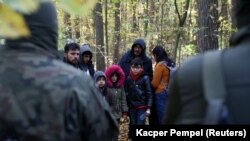 Határőrök és rendőrök veszik körül iraki migránsok egy csoportját, miután átlépték a fehérorosz–lengyel határt a mostani migránsválság idején a lengyelországi Hajnówkában 2021. október 14-én