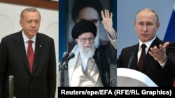 Președintele turc Tayipp Recep Erdogan, liderul iranian Khamenei și președintele rus Vladimir Putin