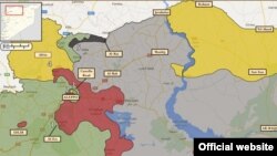 نقشه بخشی از شمال سوریه. عفرین ناحیه زردرنگ سمت چپ و هم‌مرز با ترکیه است. دیگر مناطق تحت کنترل کردها به صورت زردرنگ در سمت راست نقشه نشان داده شده است.