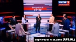Класичне співвідношення сил на російському ток-шоу: проукраїнські погляди представляють лише Білоножко та Вороніна. Решта – Пушилін, Бережна, Ніконов, Куликов, Левченко, Сипченко (Придністровья) – єдиний проросійський табір