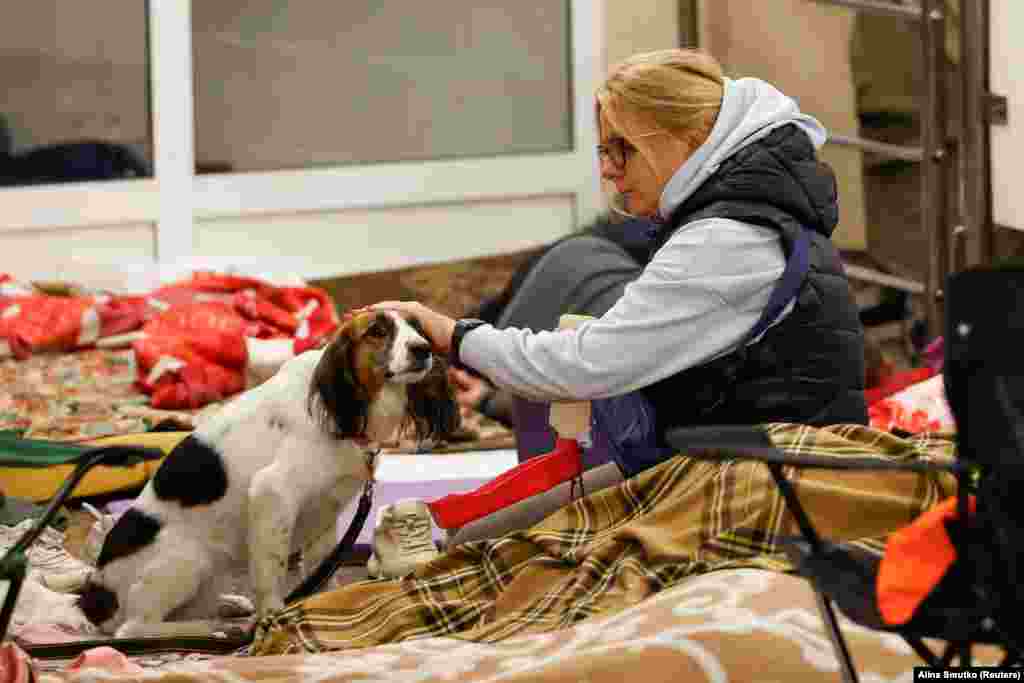 Një grua duke përkëdhelur një qen teksa po strehohej nga bombardimet në metro, më 29 qershor.