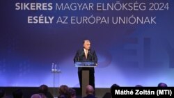 Orbán Viktor miniszterelnök a XXI. Század Intézet és a Mathias Corvinus Collegium Sikeres magyar elnökség 2024 – Esély az Európai Uniónak című budapesti konferenciáján, 2025. január 20-án