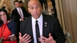 US Senator Cory Booker (D-NJ) speaks to the press at the US Capitol in Washington, DC on April 1, 2025.
