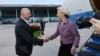 Bulgarian Prime Minister Rosen Zhelyazkov (left) greets European Commission President Ursula von der Leyen at Plovdiv Airport after her plane was hit by radar jamming in a suspected Russian operation on August 31. The plane landed safely despite the attack.