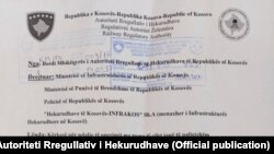 Kërkesa zyrtare e Autoritetit Rregullativ të Hekurudhave të Kosovës për Ministrinë e Infrastrukturës, Ministrinë e Punëve të Brendshme, Policinë e Kosovës dhe Infrakosin. Kërkesë e vitit 2017.