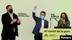 Lideri katalonske Republikanske levice ERC Pere Aragones, Oriol Žunkeras i Laura Vilagra nakon objave rezultata, 15. februar 2021. 