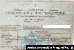 Certificatul de naștere al Prințului Paul, asa cum a fost emis el de autoritarile romane in 2004".