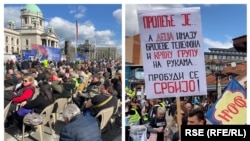 Kolažna fotografija skupa u Beogradu i protesta u Novom Pazaru, 12. april 2025.